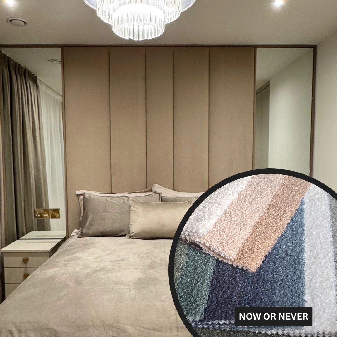 Modern bedroom with a bed and decorative pillows, featuring a close-up of a textured fabric swatch.