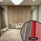 Modern bedroom with beige headboard and bedding, close-up of fabric swatch labeled 'Jasmine'.