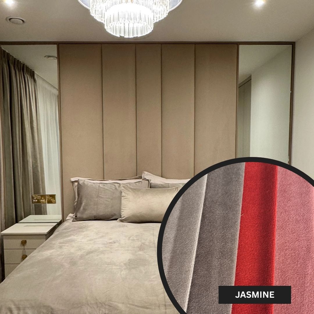 Modern bedroom with beige headboard and bedding, close-up of fabric swatch labeled 'Jasmine'.