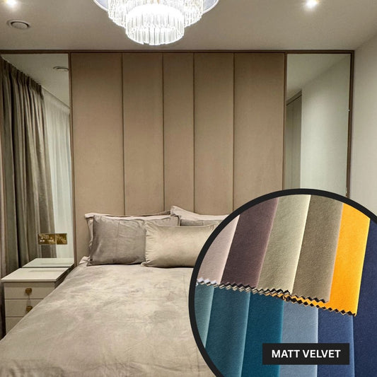Modern bedroom with beige headboard and bed, featuring a close-up of Matt Velvet fabric swatch.