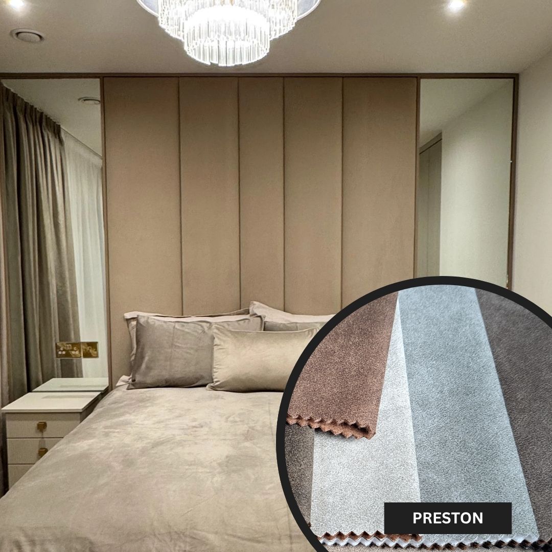 Modern bedroom with beige headboard and bedding, featuring Preston fabric swatch.