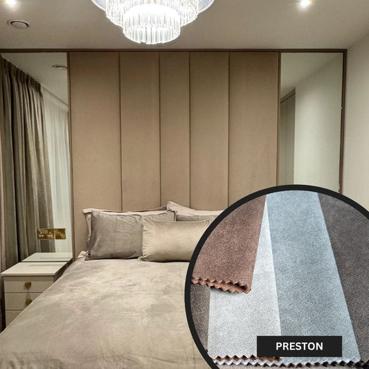 Modern bedroom with beige headboard and bedding, featuring Preston fabric swatch.