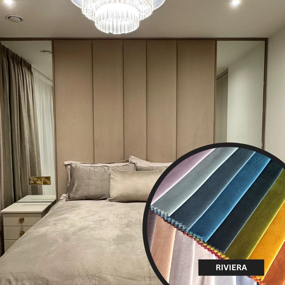 Modern bedroom with neutral tones and a close-up of fabric swatches labeled 'RIVIERA'.