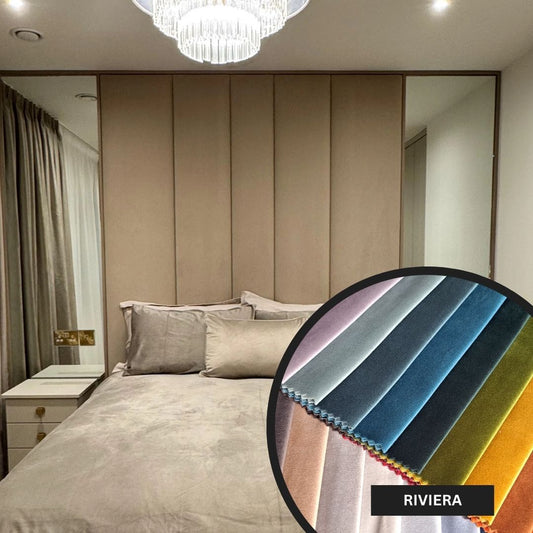 Modern bedroom with neutral tones and a close-up of fabric swatches labeled 'RIVIERA'.