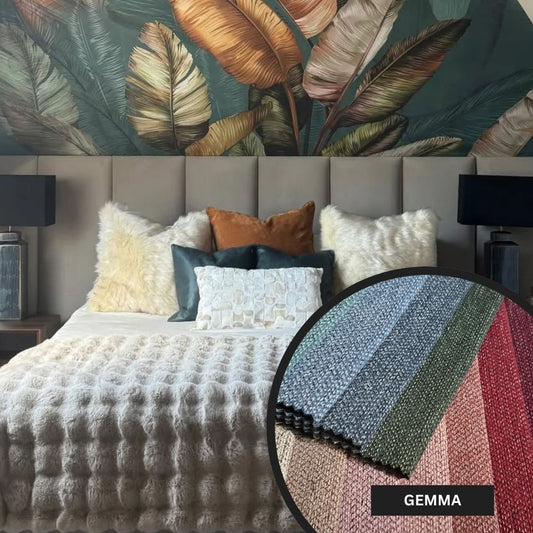Bedroom with floral wallpaper, bed with pillows, and close-up of textured fabric swatch labeled 'Gemma'.