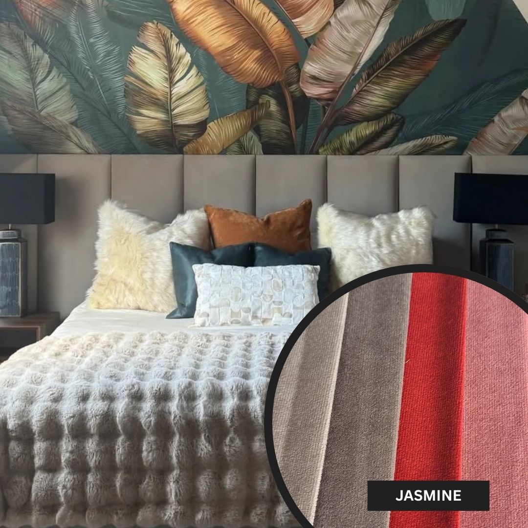 Bedroom with floral wallpaper and textured bedding, close-up of fabric showing 'Jasmine' color swatch.