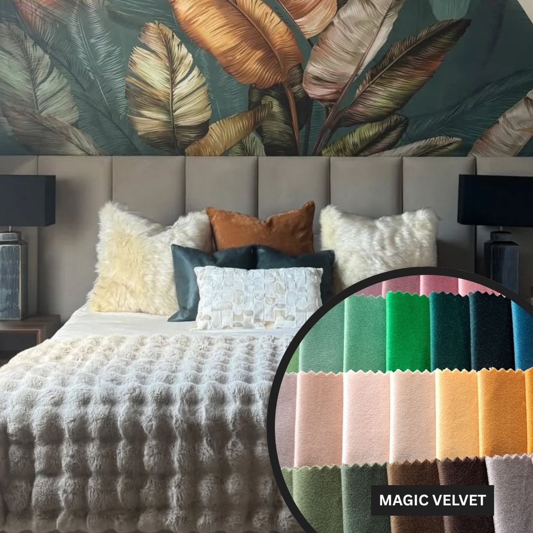 Bedroom with textured bedding and colorful fabric swatches, featuring Magic Velvet.