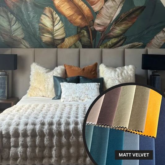 Bedroom with textured bedding and colorful pillows, featuring a close-up of 'Matt Velvet' fabric swatch.