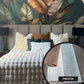 Bedroom with floral wallpaper and textured bedding, featuring a close-up of Preston fabric.