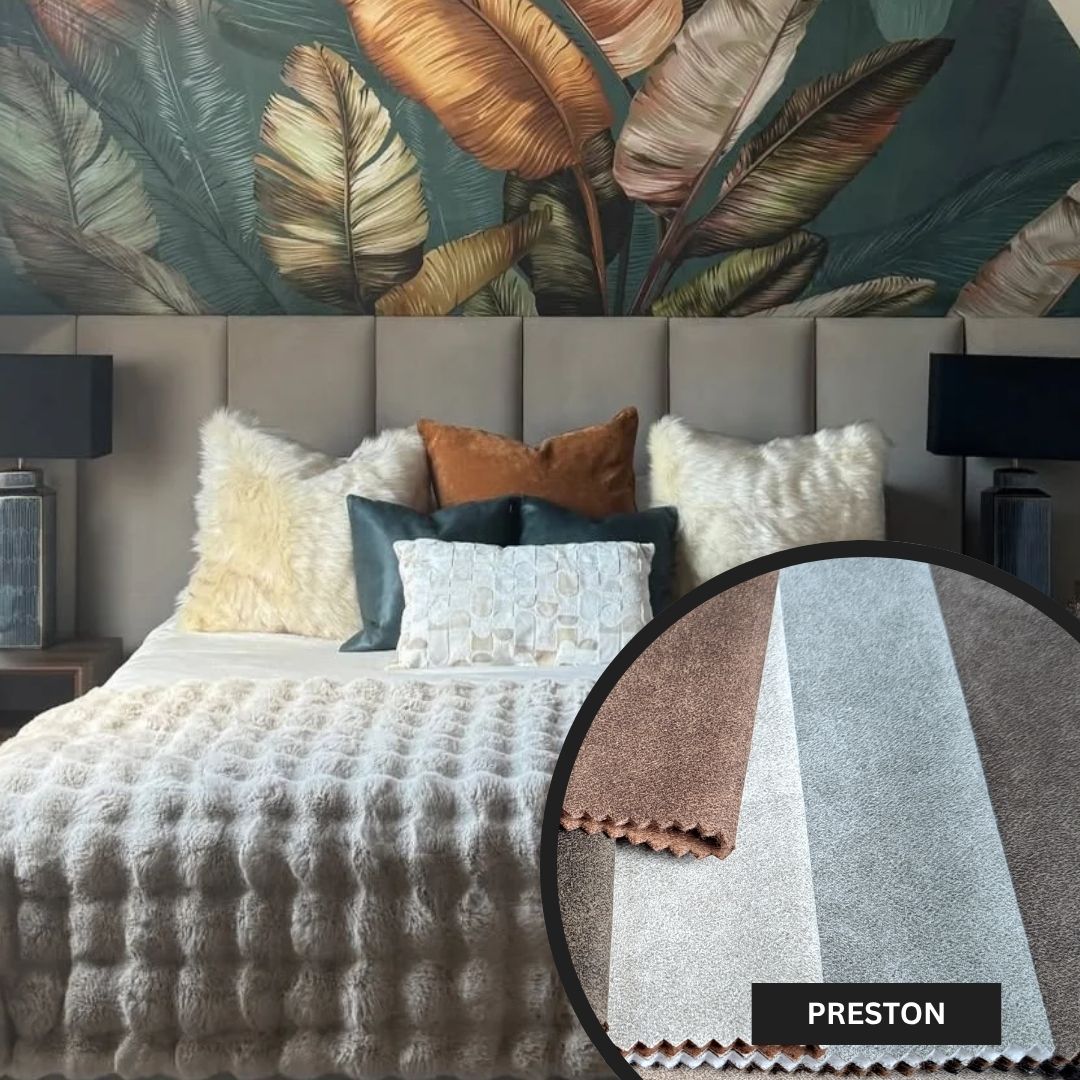 Bedroom with floral wallpaper and textured bedding, featuring a close-up of Preston fabric.