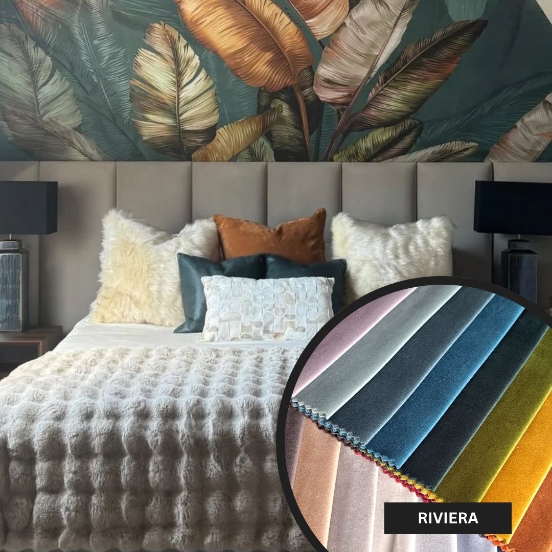 Bedroom with floral wallpaper and textured bedding, featuring a close-up of fabric swatches labeled 'RIVIERA'.