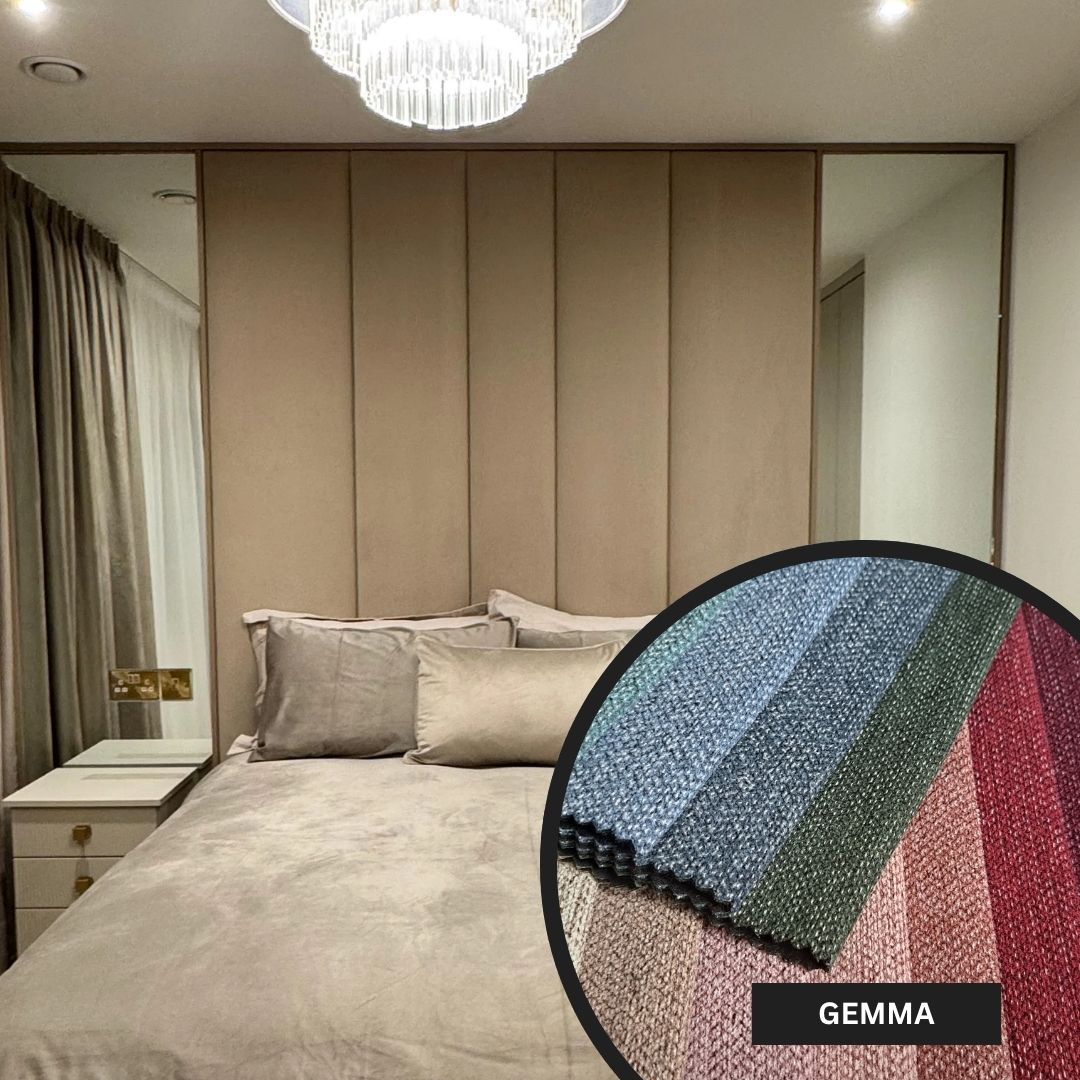 Modern bedroom with a close-up of fabric swatches labeled 'Gemma'.