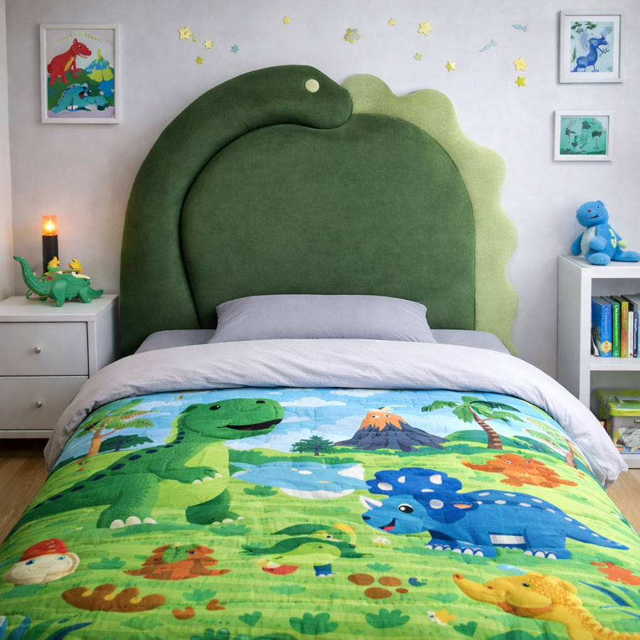 Children's bedroom with dinosaur-themed upholstered headboard and bedding