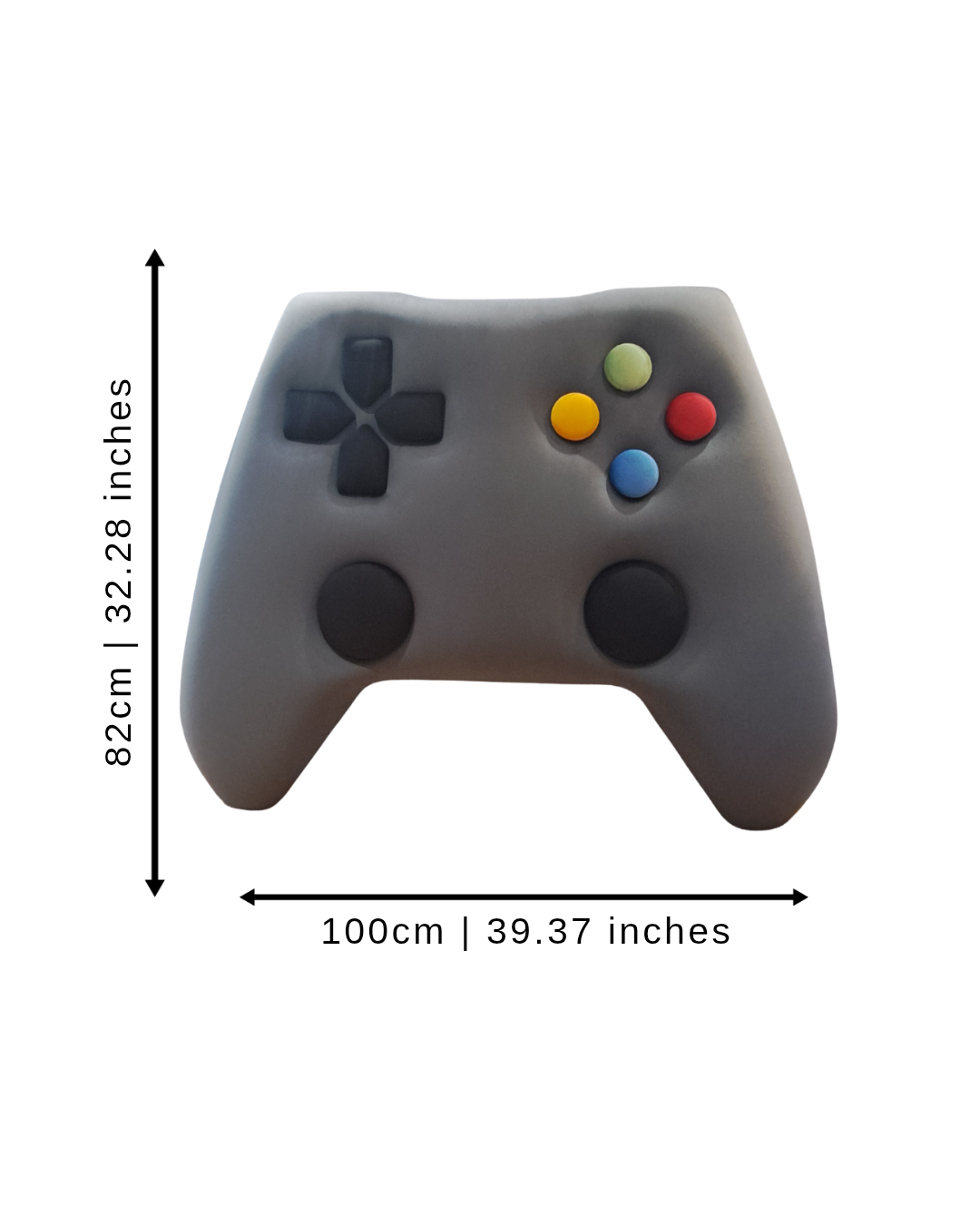 Kid's Grey upholstered toy controller headboard with colour buttons and measurements on a white background