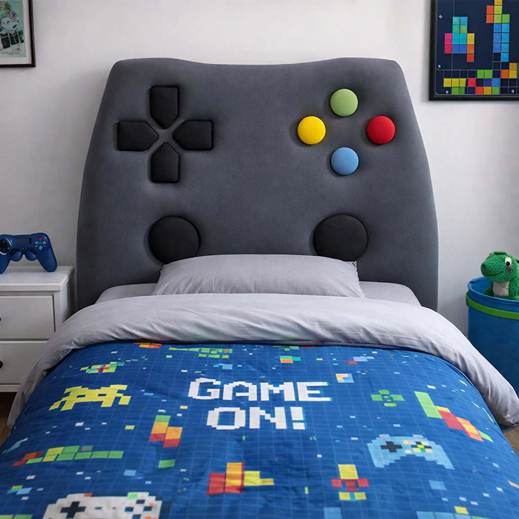 Bedroom with a gaming-themed upholstered kids headboard and quilt, featuring colourful buttons and 'Game On!' text.