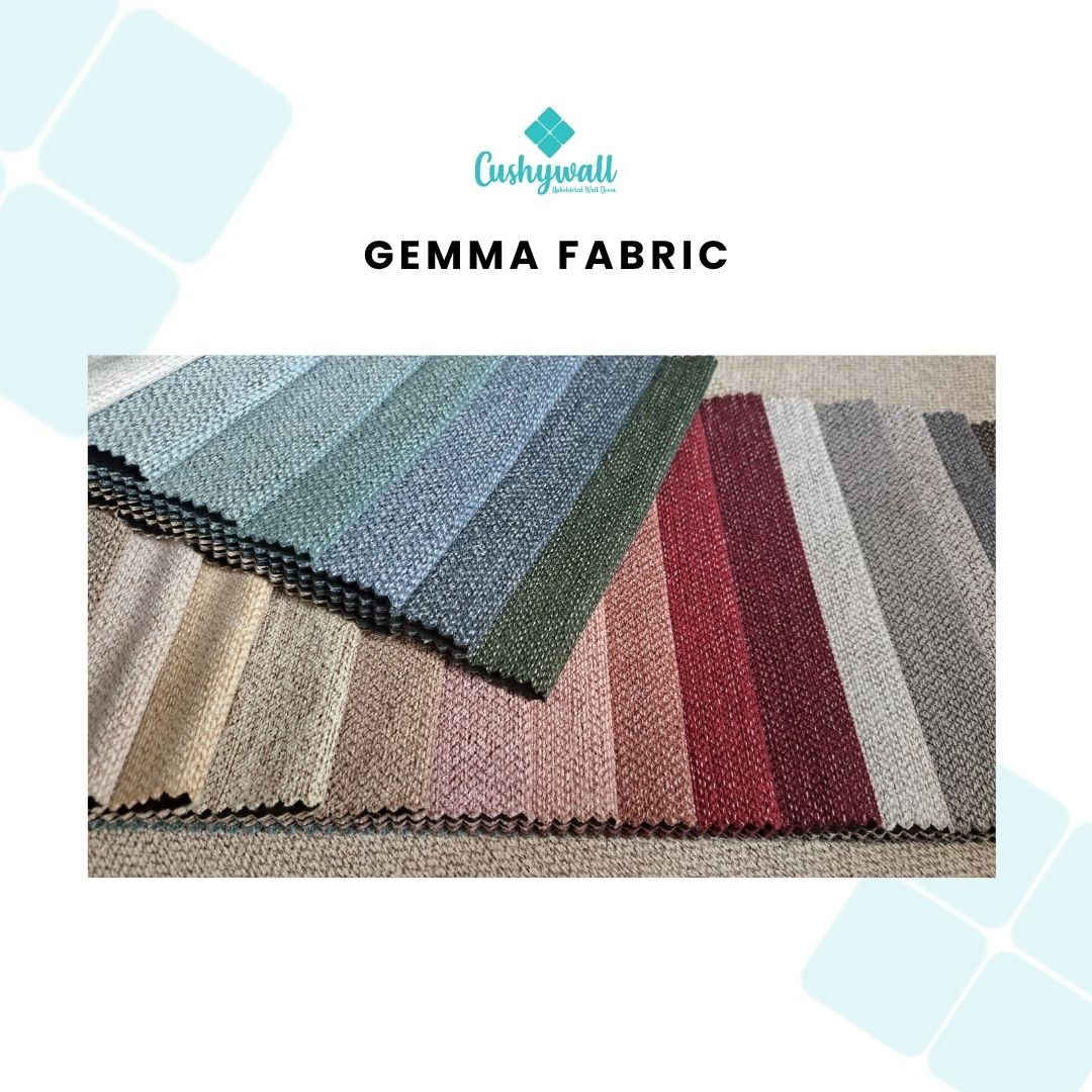 Gemma fabric swatches with Cushywall logo on a light blue background