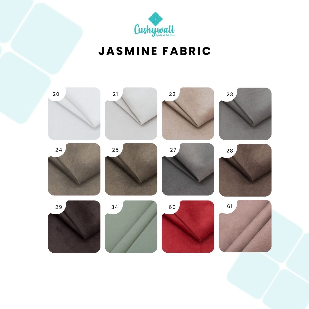 Fabric swatches labeled with numbers and Cushywall logo, featuring a range of colors.