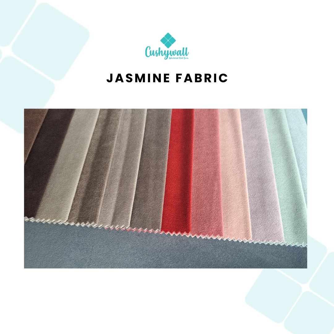 Jasmine fabric swatch with a range of colors on a white background, featuring the Cushywall brand.