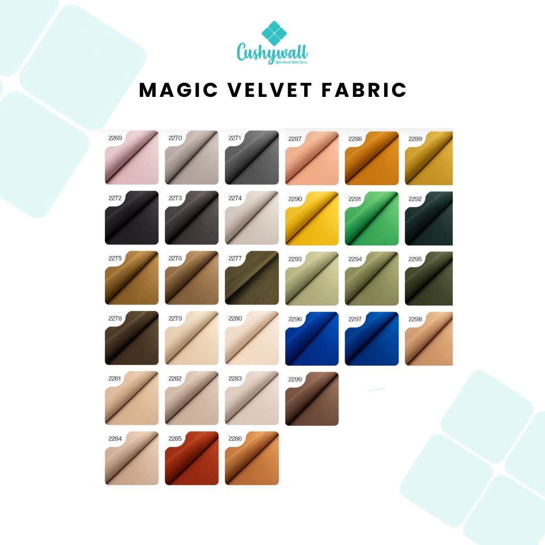 Cushywall Magic Velvet Fabric swatch chart with various colors on a white background