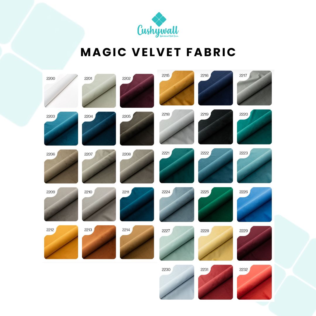 Cushywall Magic Velvet Fabric color swatch chart with various shades.