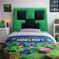 Bedroom with Minecraft-themed upholstered headboard and bedding