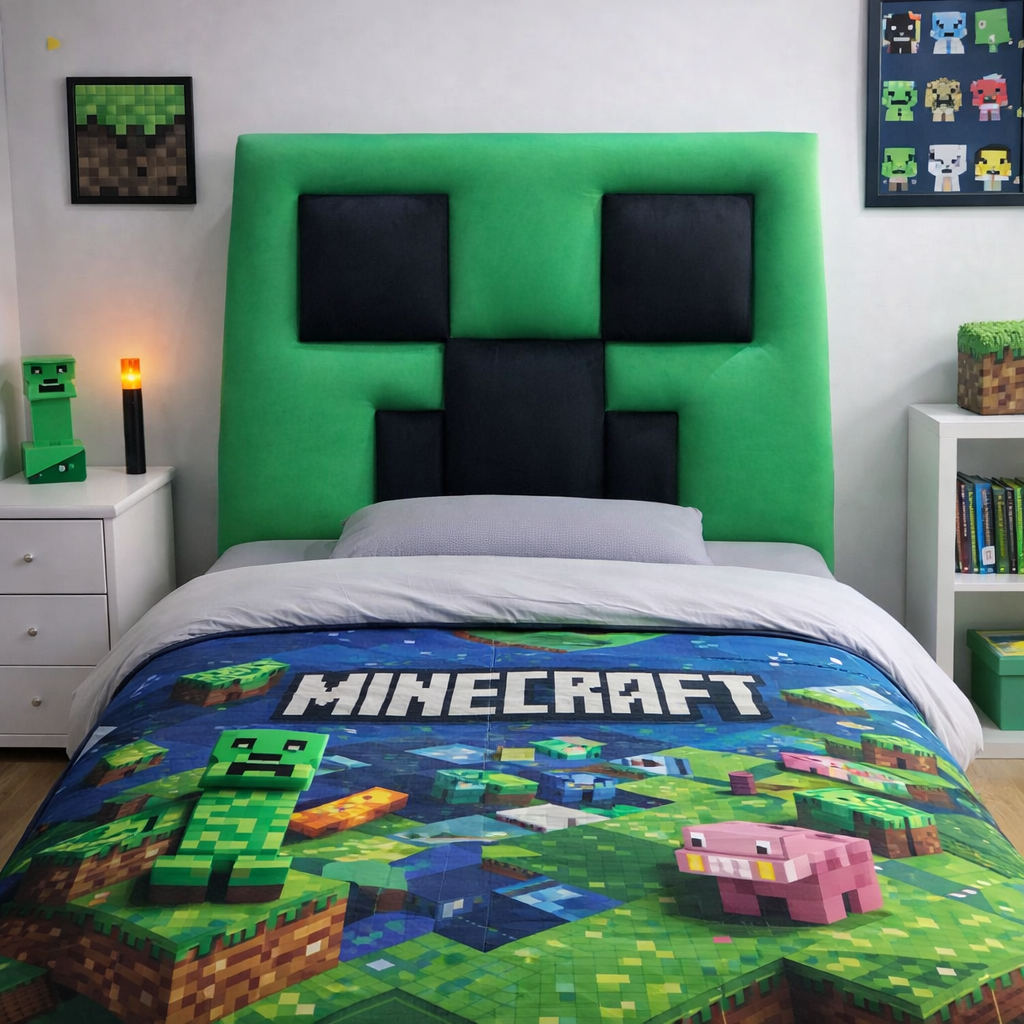 Bedroom with Minecraft-themed upholstered headboard and bedding
