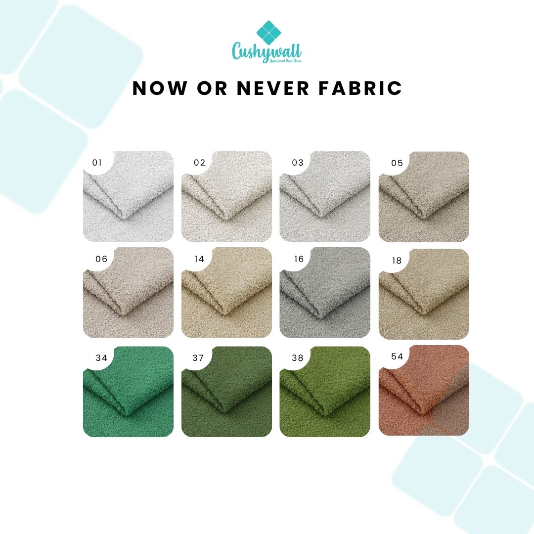 Fabric swatch chart for 'Now or Never' fabric by Cushywall with various color options.