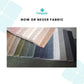 Fabric swatch of now or never fabric , with multicolor pattern and Cushywall logo