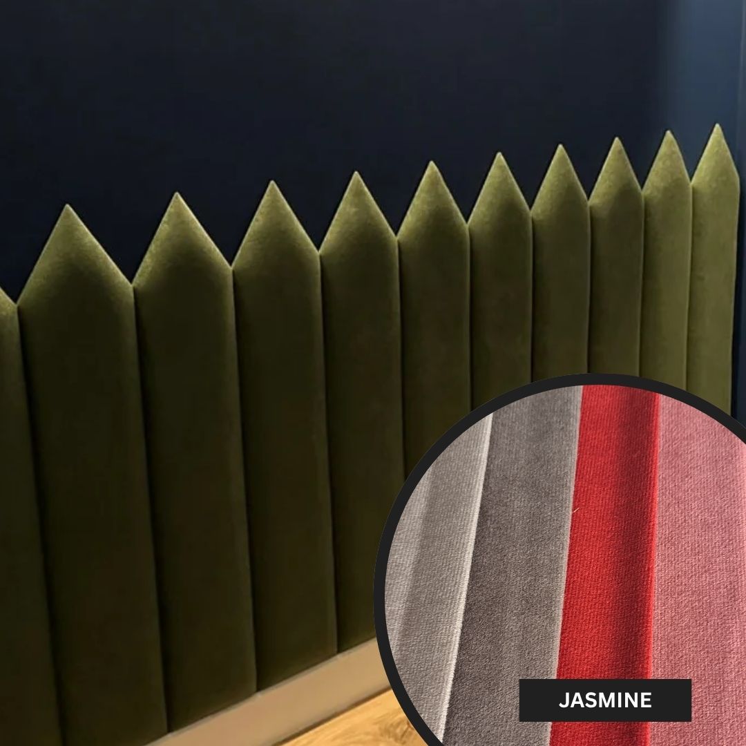 Green pleated headboard with a close-up of fabric swatches labeled 'Jasmine'.