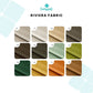Cushywall Riviera fabric color swatch chart with various shades of green, brown, and beige.