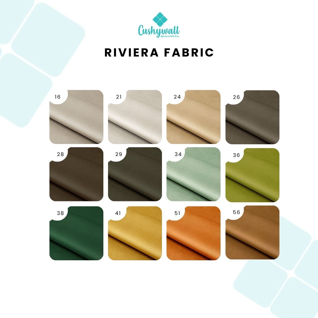 Cushywall Riviera fabric color swatch chart with various shades of green, brown, and beige.