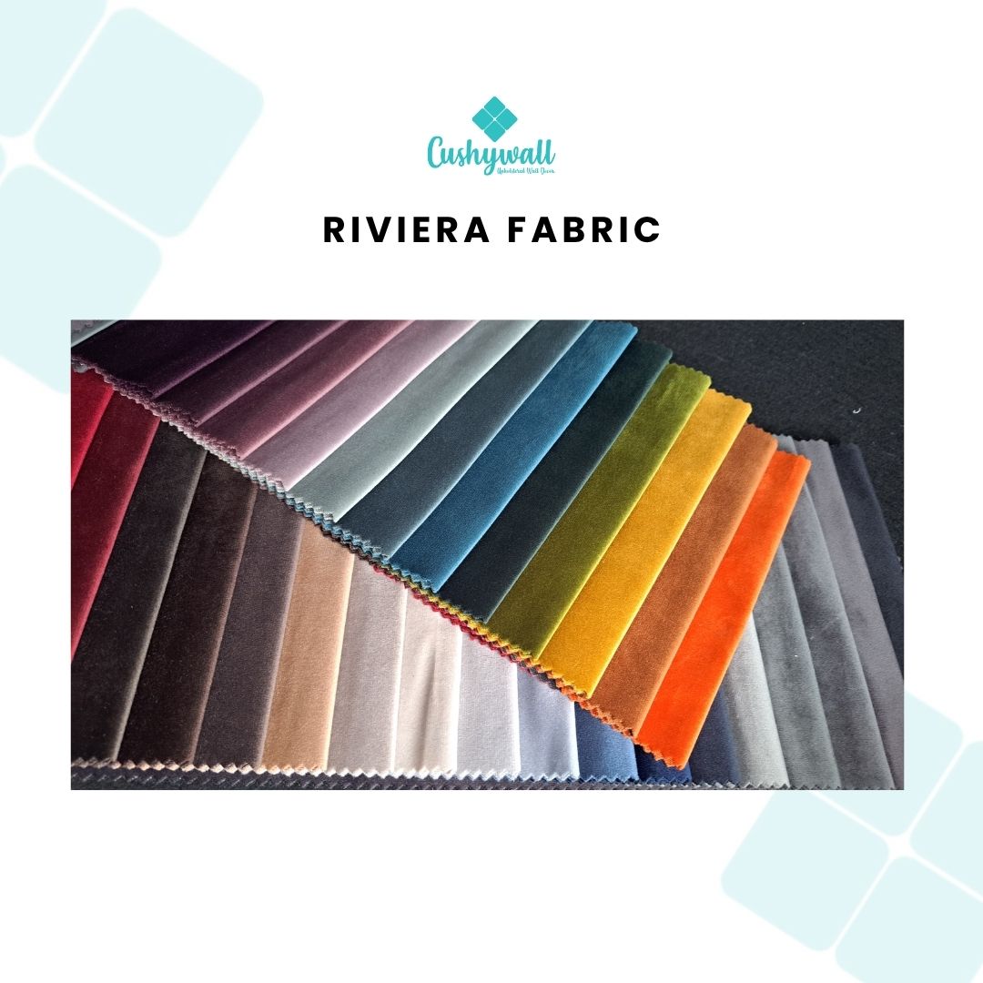 Color swatch of Riviera fabric with Cushywall logo