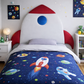 Children's bed with rocket-shaped upholstered headboard and space-themed bedding in a bedroom.