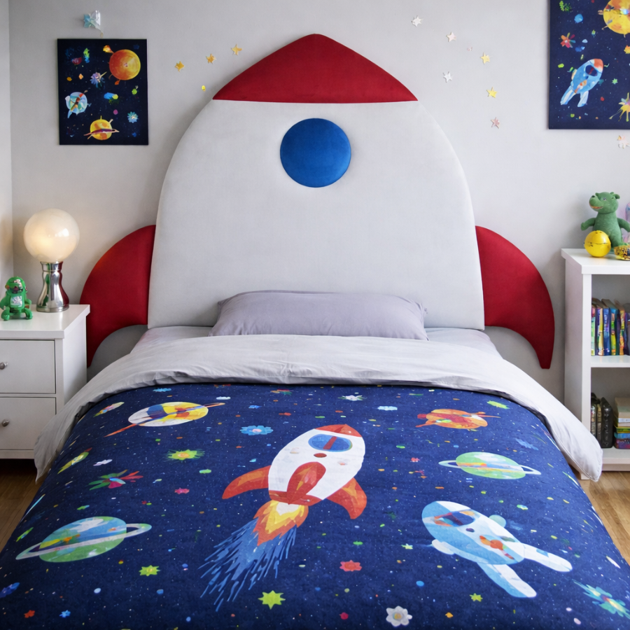 Children's bed with rocket-shaped upholstered headboard and space-themed bedding in a bedroom.