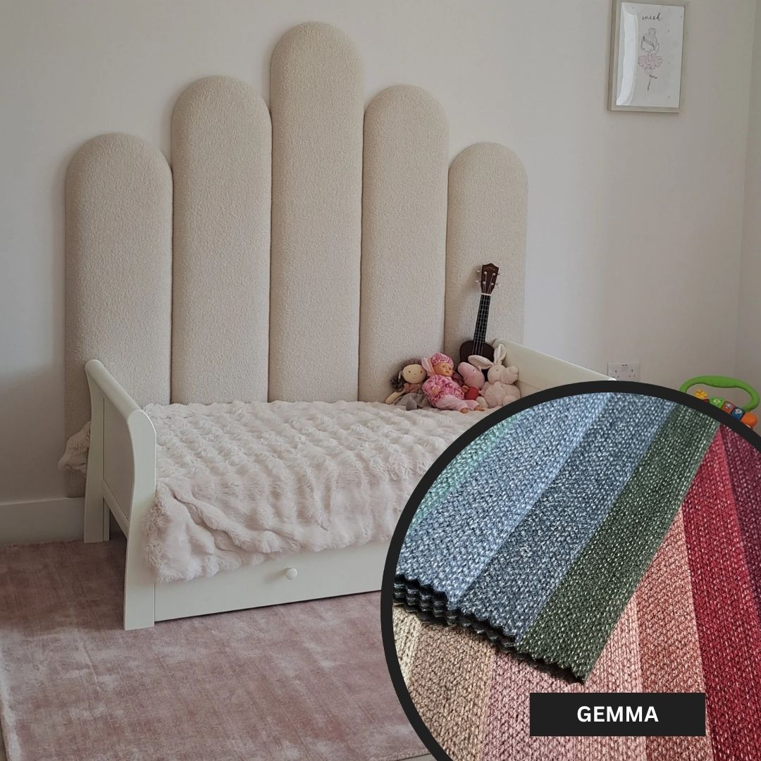 Children's bed with textured headboard and close-up of fabric swatch labeled 'Gemma'.