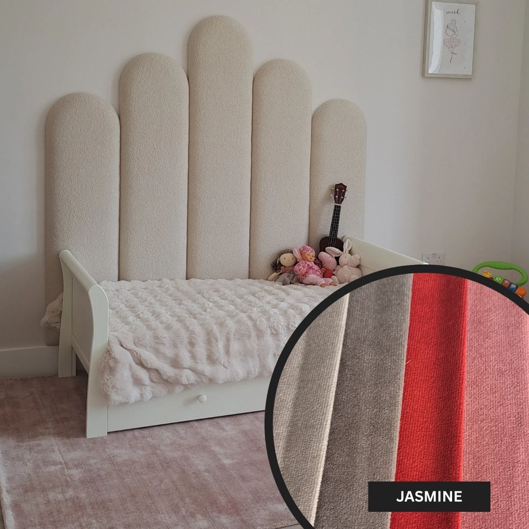 Children's bed with a textured headboard and close-up of fabric texture labeled 'Jasmine'.