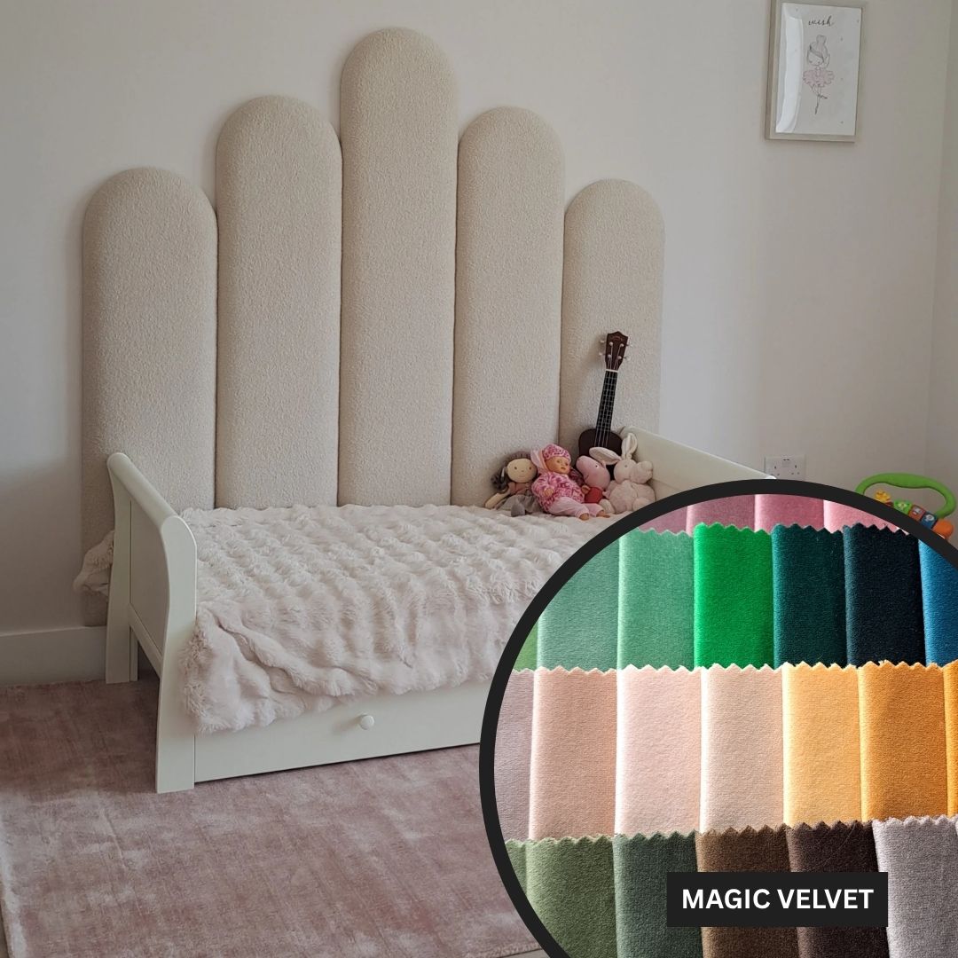 Children's bed with textured headboard and close-up of fabric swatches labeled 'Magic Velvet'.