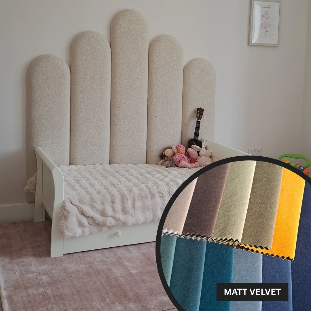 Children's bed with textured headboard and close-up of fabric swatch labeled 'Matt Velvet'.