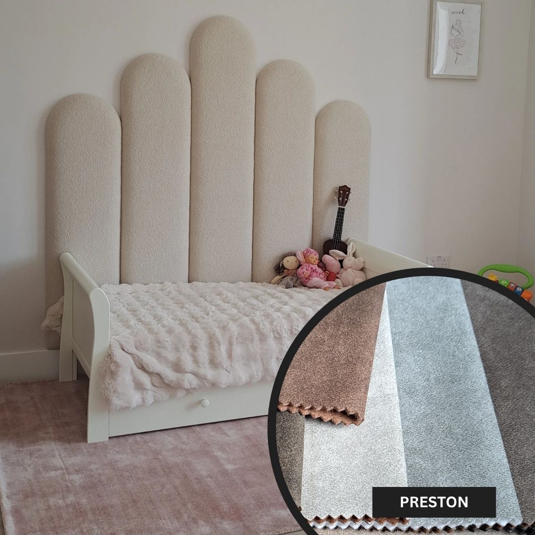 Children's bed with upholstered headboard and soft bedding, featuring a close-up of fabric texture labeled 'Preston'.