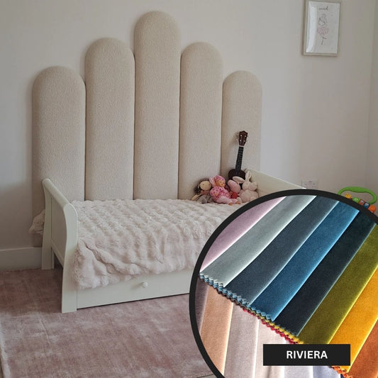 Children's bed with textured headboard and close-up of fabric swatches labeled 'Riviera'.