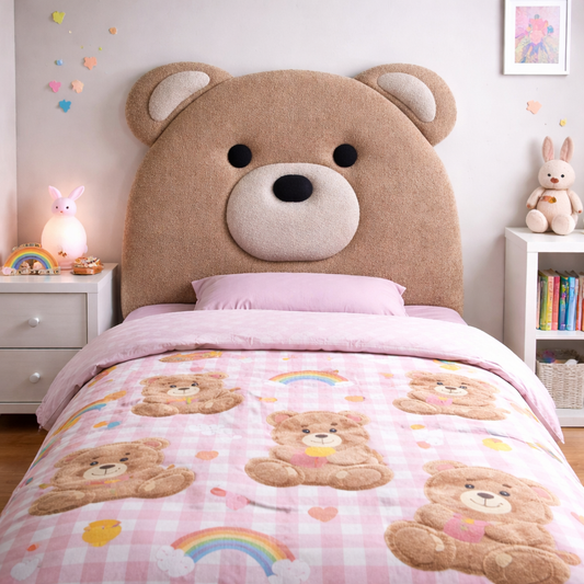 Children's room with teddy bear upholstered headboard and matching bedding