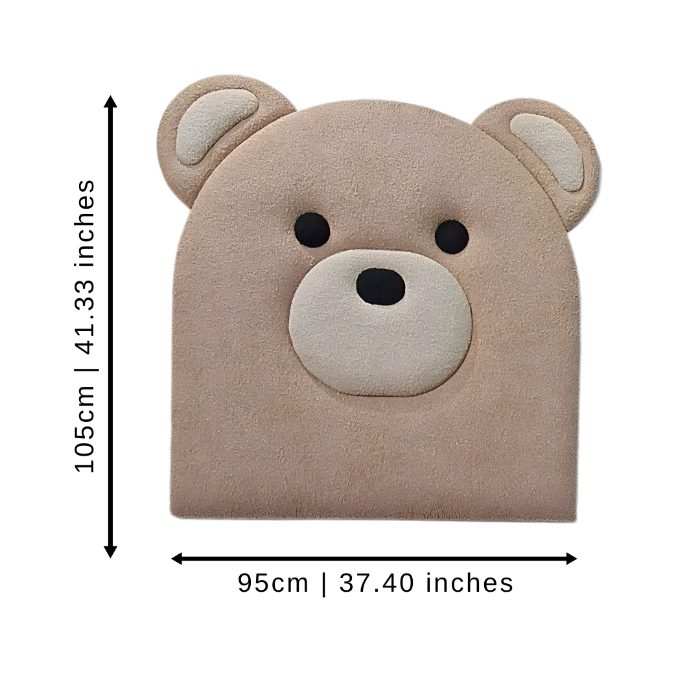 Beige bear-shaped headboard with dimensions on a white background