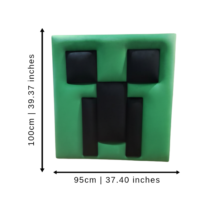 Green and black Minecraft creeper figure with measurements on a white background