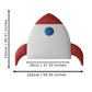 Measurement chart of a rocket-shaped upholstered headboard with dimensions in centimeters and inches.