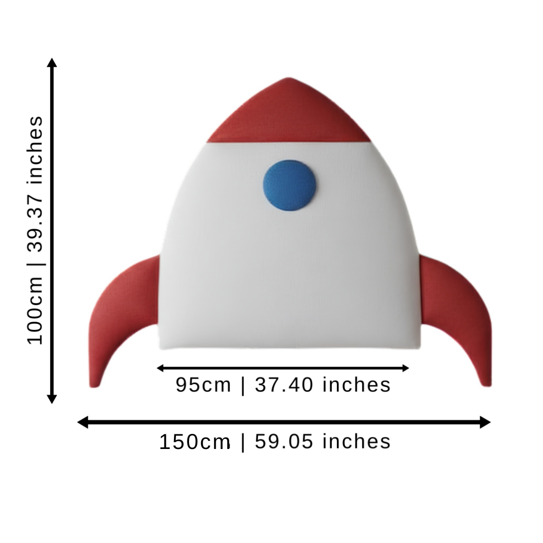 Measurement chart of a rocket-shaped upholstered headboard with dimensions in centimeters and inches.