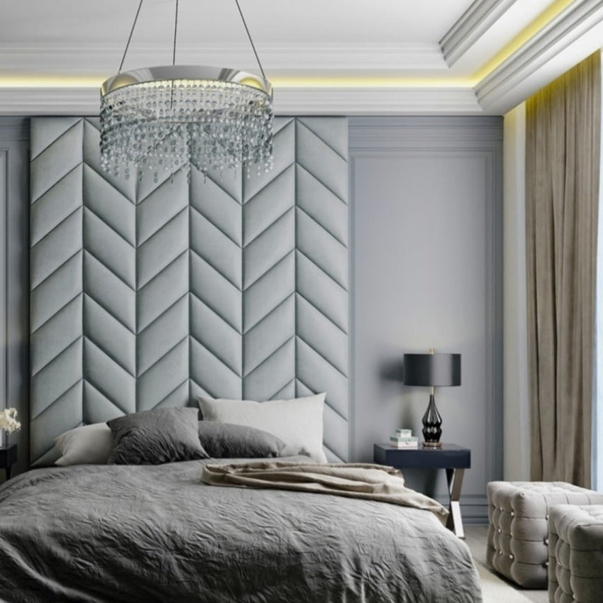 Herringbone wall paneling as headboard
